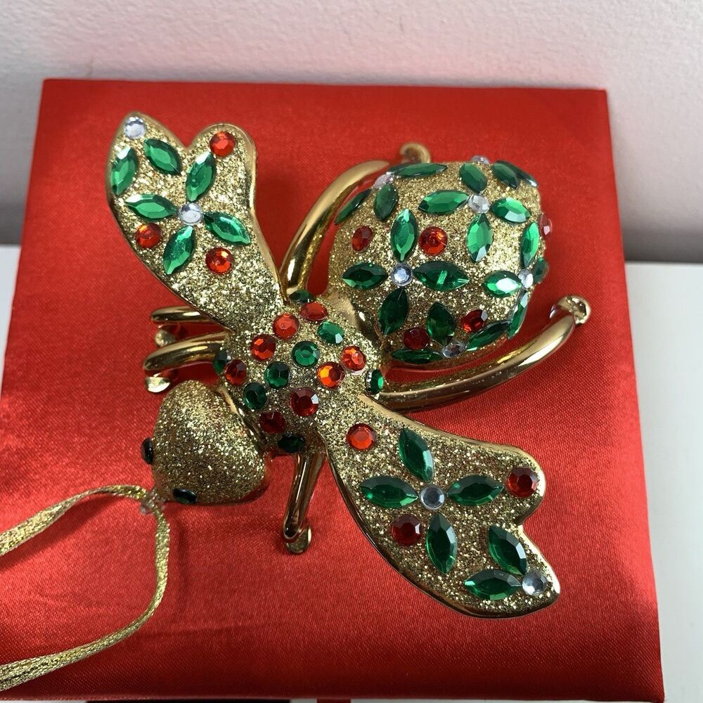 Joan Rivers Bee Ornament Blown Glass Red & Green Rhinestones Jewel 3.5” W/box